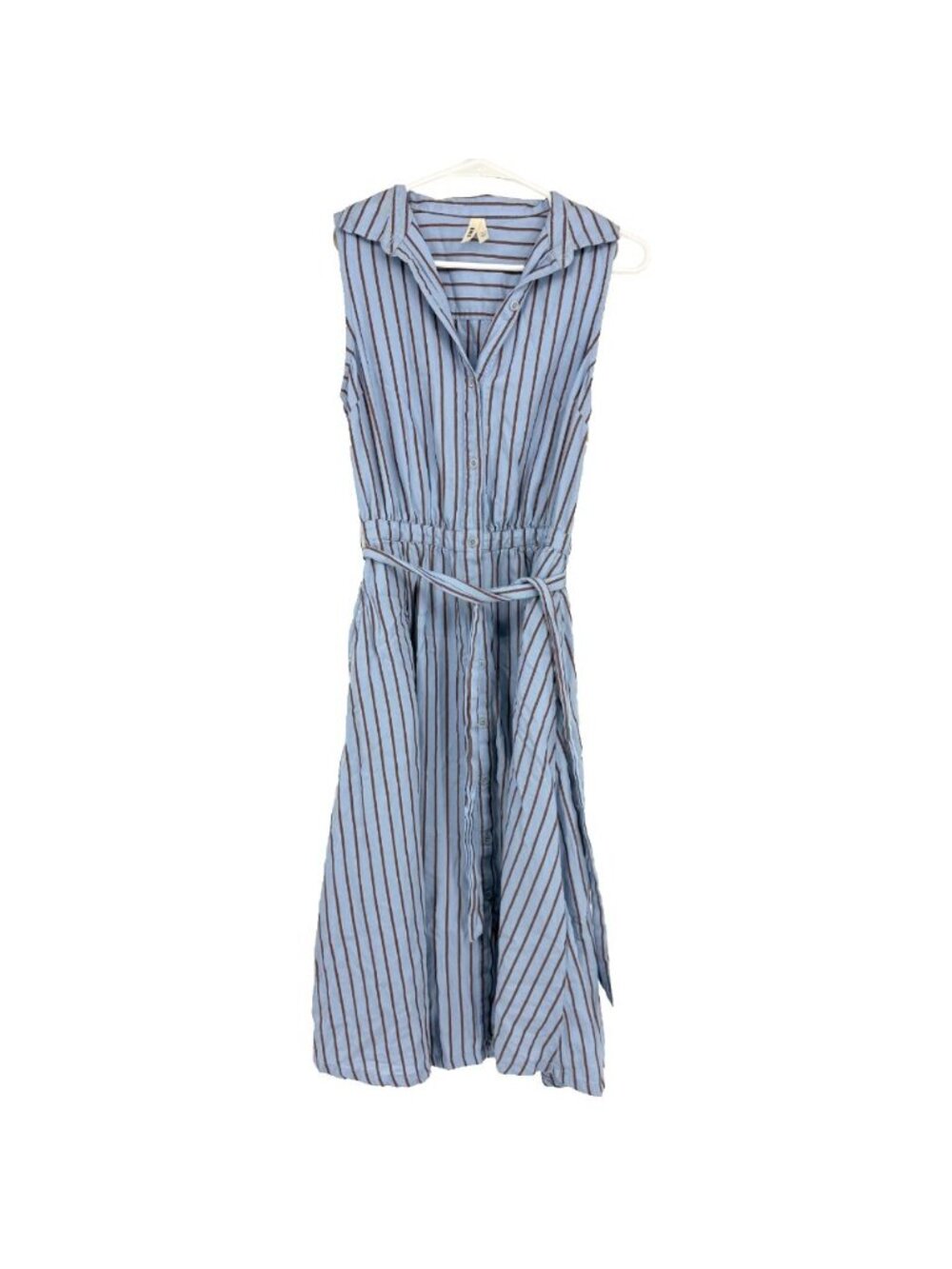 Pact Women S Sunset Shirt Dress Lightweight Cotton Sleeveless Blue Striped Tie - Picture 2 of 9